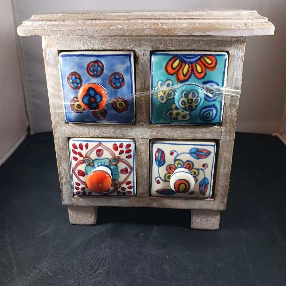 Mini Wooden Chest With Hand Painted Ceramic 4 Drawers